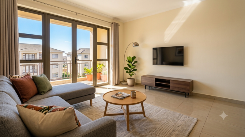 Stylish and contemporary apartment living room perfect for urban listings.