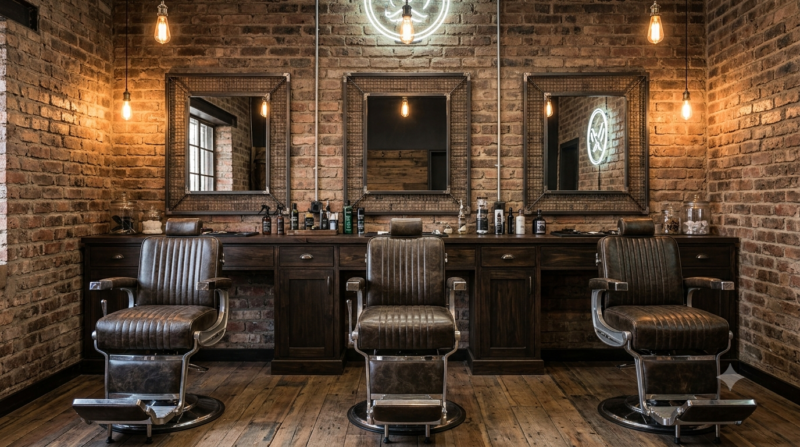 Vintage-modern barbershop interior suitable for barber and grooming listings.