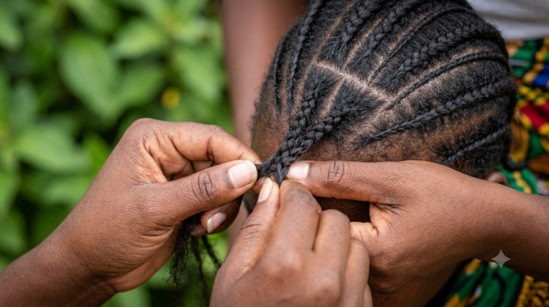 Close-up of natural hair braiding, suitable for braiding and natural hair care listings.
