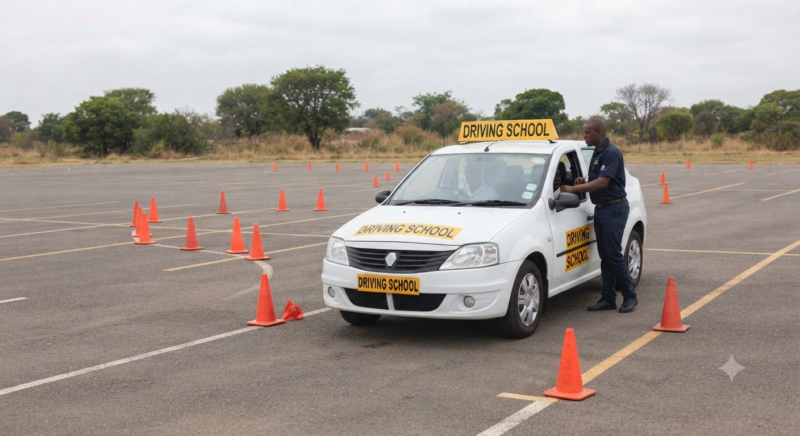 Learner vehicle in a training yard suitable for driving school listings.