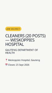 Cleaners (20 posts) — Weskoppies Hospital — Weskoppies Hospital, Gauteng