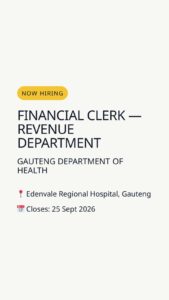 Financial Clerk — Revenue Department — Edenvale Regional Hospital, Gauteng
