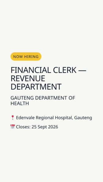 Financial Clerk — Revenue Department — Edenvale Regional Hospital, Gauteng in Edenvale Regional Hospital, Gauteng