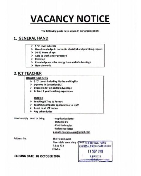 General Hand and ICT Teacher Vacancy in Harare