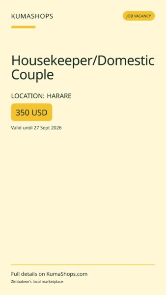 Housekeeper/Domestic Couple in Harare