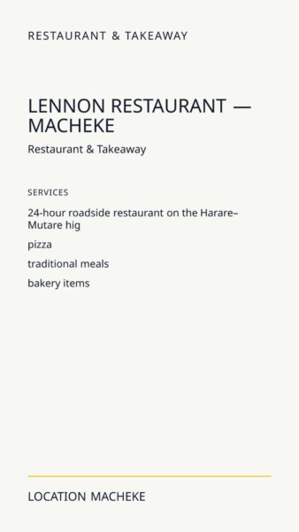 Lennon Restaurant — Macheke in Macheke