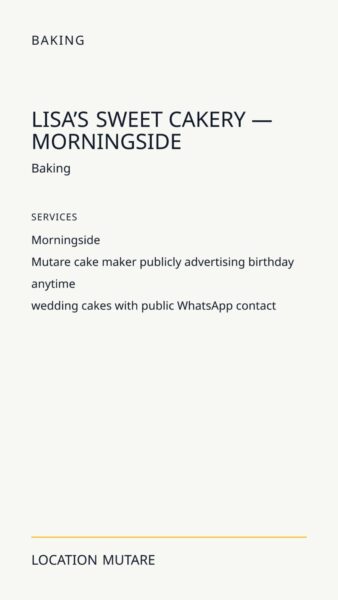 Lisa’s Sweet Cakery — Morningside in Mutare