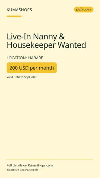 Live-In Nanny & Housekeeper Wanted in Harare
