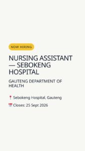 Nursing Assistant — Sebokeng Hospital — Sebokeng Hospital, Gauteng
