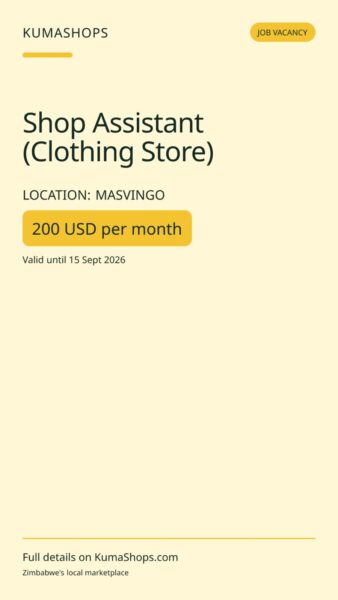 Shop Assistant (Clothing Store) in Masvingo