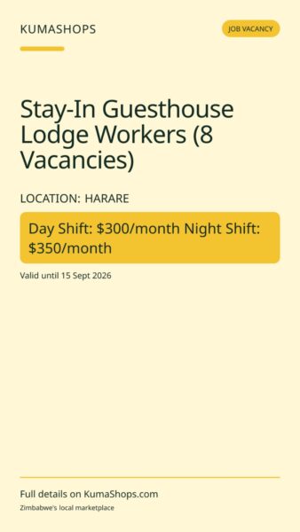Stay-In Guesthouse Lodge Workers (8 Vacancies) in Harare