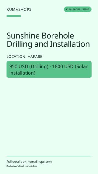 Sunshine Borehole Drilling and Installation in Harare