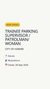 Trainee Parking Supervisor / Patrolman/woman (38 positions) — Harare