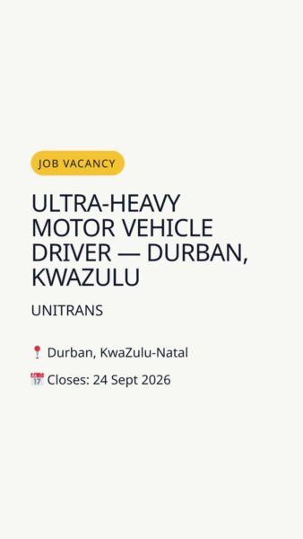 Ultra-heavy Motor Vehicle Driver — Durban, KwaZulu-Natal in Durban, KwaZulu-Natal