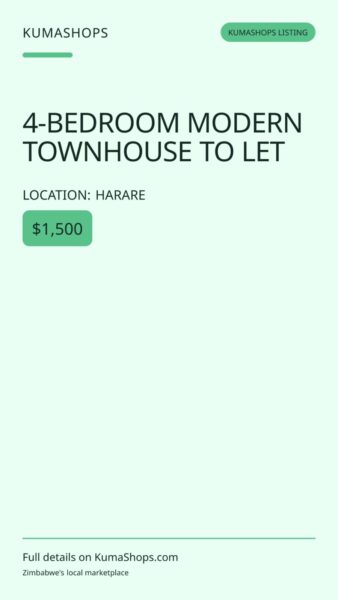 4-BEDROOM MODERN TOWNHOUSE TO LET in Harare