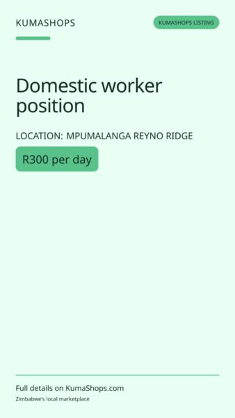 Domestic worker position in Mpumalanga Reyno Ridge
