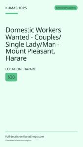 Domestic Workers Wanted - Couples/Single Lady/Man - Mount Pleasant, Harare