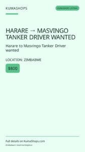 Harare to Masvingo Tanker Driver wanted