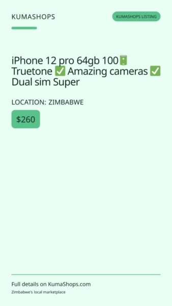 iPhone 12 pro 64gb 100🔋 Truetone ✅ Amazing cameras ✅ Dual sim Super clean💧 IccAssa @$260 in Zimbabwe