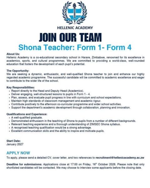 Shona Teacher vacancy in Harare